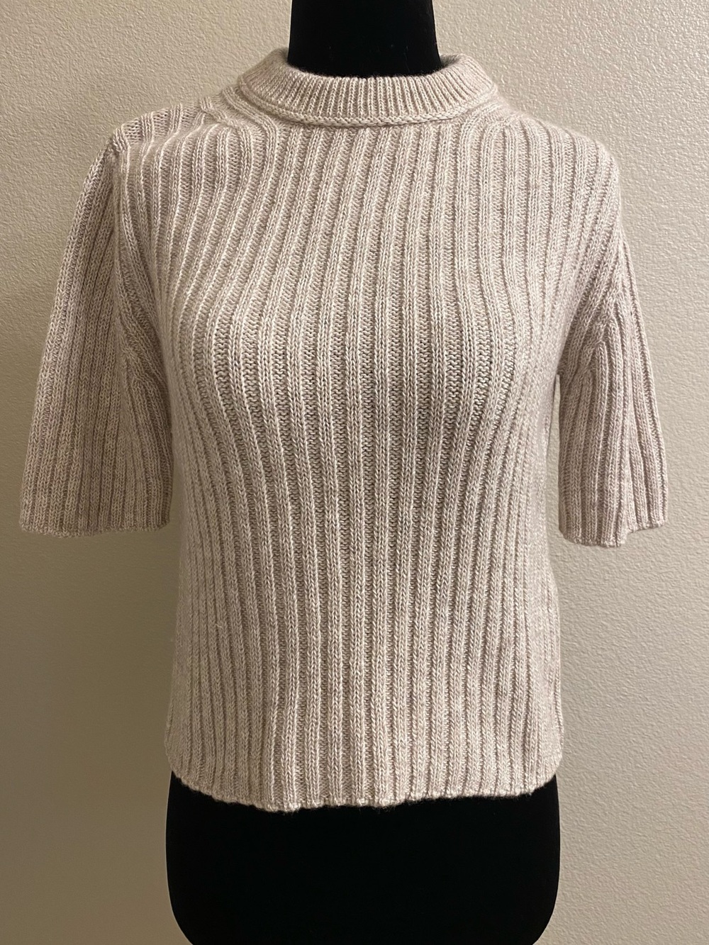 Massimo Dutti Cotton/Wool Blend Short-Sleeve Ribbed Crew Sweater in Lt Beige